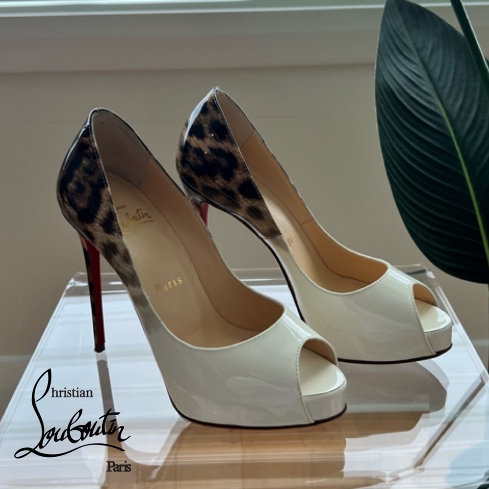 🤍 Louboutin White and Leopard Print Peep Toe Heels